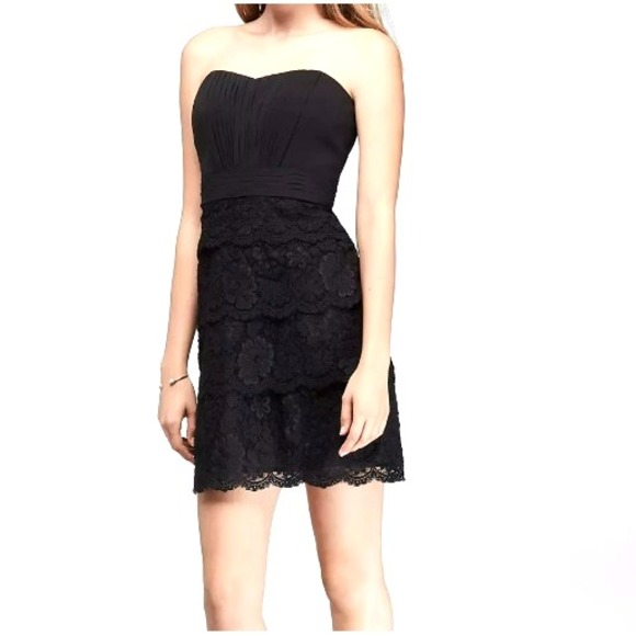 David's Bridal Dresses & Skirts - DAVID'S BRIDAL 14 Black Pleated Cocktail Mini Dress Tiered Lace Skirt Sweetheart